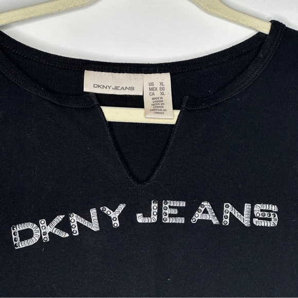 DKNY Jeans Black Embellished Logo Tee - Size XL - Cotton Blend Vintage 90s/00s - Picture 3 of 6